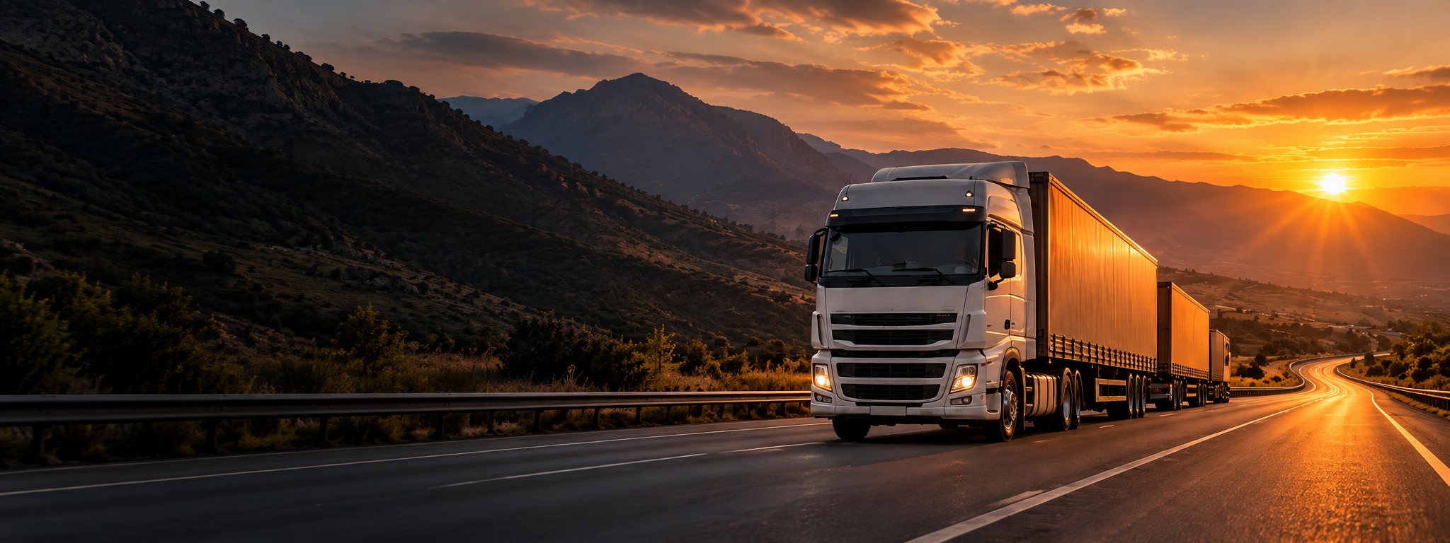 A white truck and trailers on an open Southern African highway at sunset