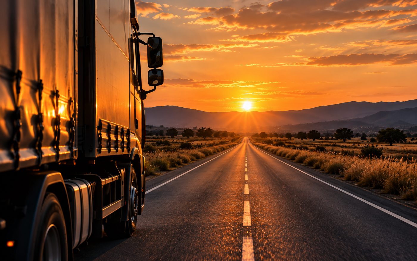 An empty highway stretching to the horizon at sunset beside a truck